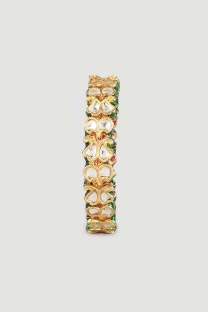 Gold Finish Kundan Polki Green Meenakari Bangles (Set of 2)