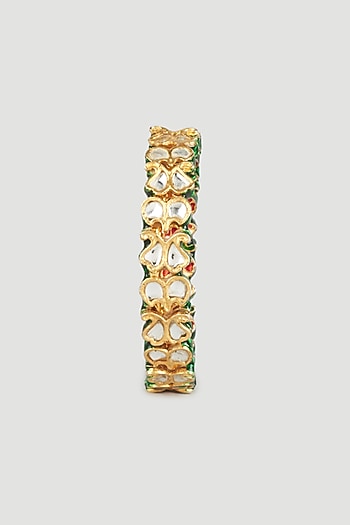 Gold Finish Kundan Polki Green Meenakari Bangles (Set of 2)