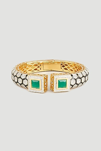 Gold Finish Zircon & Green Onyx Enemaled Kada