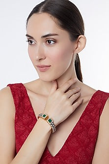 Gold Finish Zircon & Green Onyx Enemaled Kada