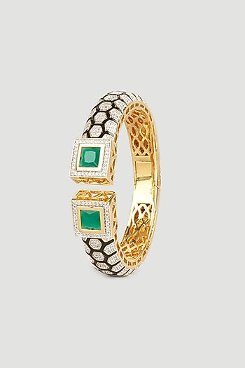 Gold Finish Zircon & Green Onyx Enemaled Kada