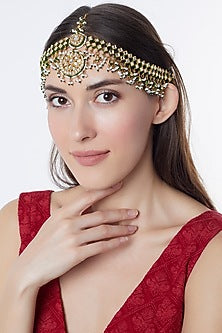 Gold Finish Green Kundan Polki Mathapatti