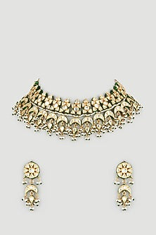 Gold Finish Kundan Polki Green Enameled Choker Necklace Set