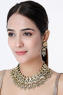 Gold Finish Kundan Polki Green Enameled Choker Necklace Set