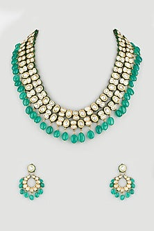 Gold Finish Kundan Polki & Green Onyx Long Necklace Set