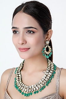 Gold Finish Kundan Polki & Green Onyx Long Necklace Set