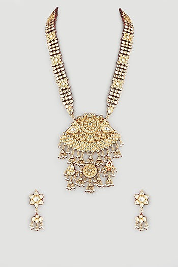 Gold Finish Kundan Polki Long Necklace Set