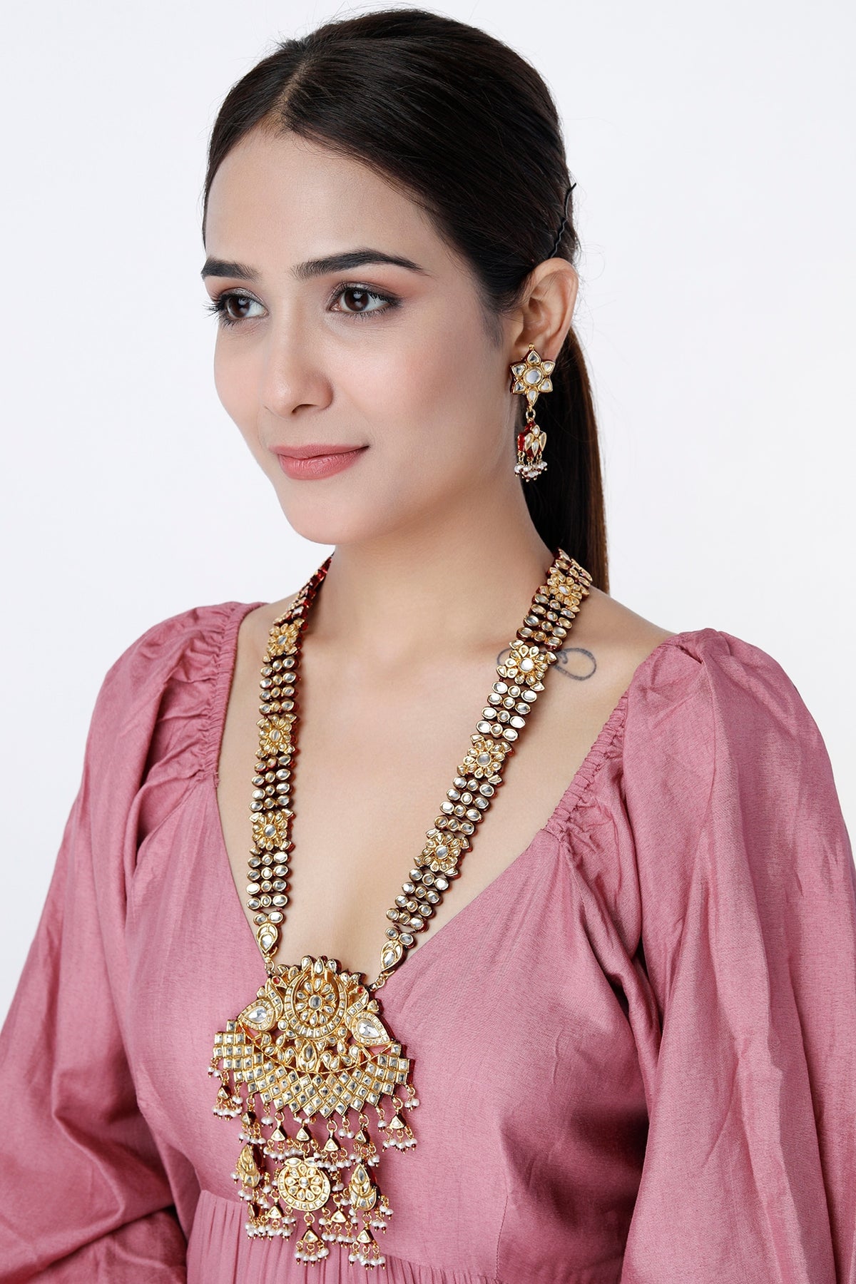 Gold Finish Kundan Polki Long Necklace Set
