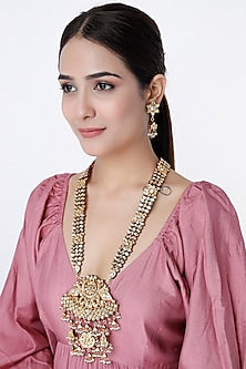 Gold Finish Kundan Polki Long Necklace Set