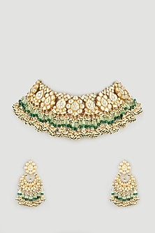 Gold Finish Kundan Polki & Green Drop Choker Necklace Set