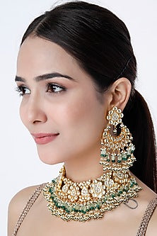 Gold Finish Kundan Polki & Green Drop Choker Necklace Set
