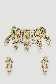 Gold Finish Kundan Polki & Multi-Colored Onyx Choker Necklace Set