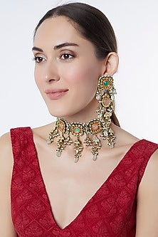 Gold Finish Kundan Polki & Multi-Colored Onyx Choker Necklace Set