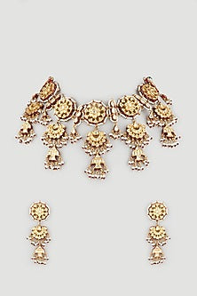 Gold Finish Kundan Polki Red Enameled Choker Necklace Set