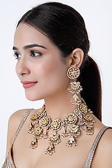 Gold Finish Kundan Polki Red Enameled Choker Necklace Set