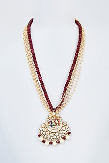 Gold Finish Kundan Polki & Red Beaded Handcrafted Mala