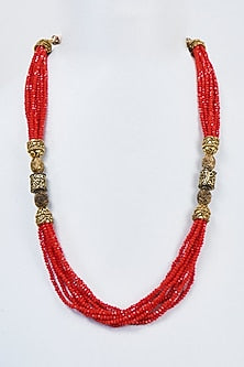 Gold Finish Red Crystal & Gold Beaded Necklace