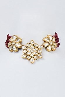 Gold Finish Kundan Polki & Red Beaded Choker Necklace
