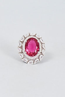 White Finish Zircon & Pink Stone Ring