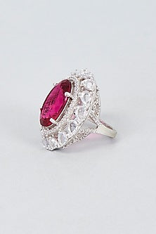 White Finish Zircon & Pink Stone Ring