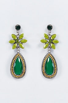 White Finish Synthetic Green Stone Handcrafted Dangler Earrings