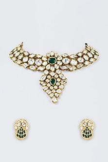 Gold Finish Kundan Polki & Green Beaded Handcrafted Choker Necklace Set