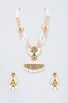 Gold Finish Kundan Polki & Pearl Handcrafted Long Necklace Set