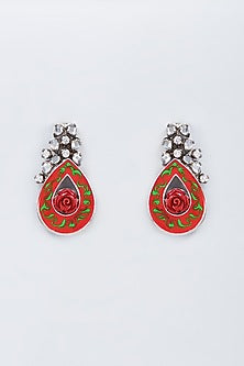 Silver Finish Kundan Polki & Orange Stone Earrings