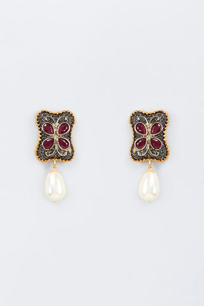 Gold Finish Pearl & Red Kundan Polki Dangler Earrings