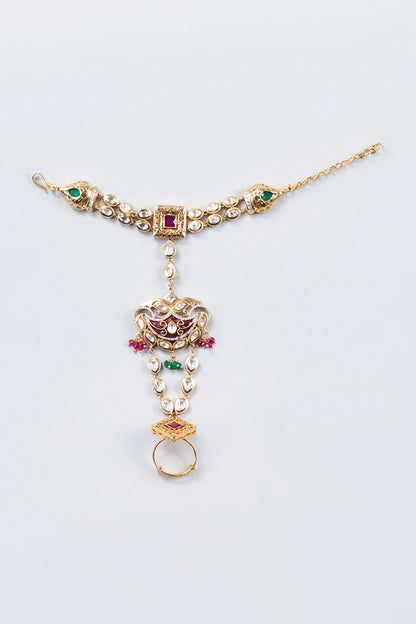 Gold Finish Pearl & Kundan Polki Hand Harness
