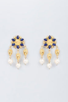 Gold Finish Blue Kundan Polki & Pearl Dangler Earrings