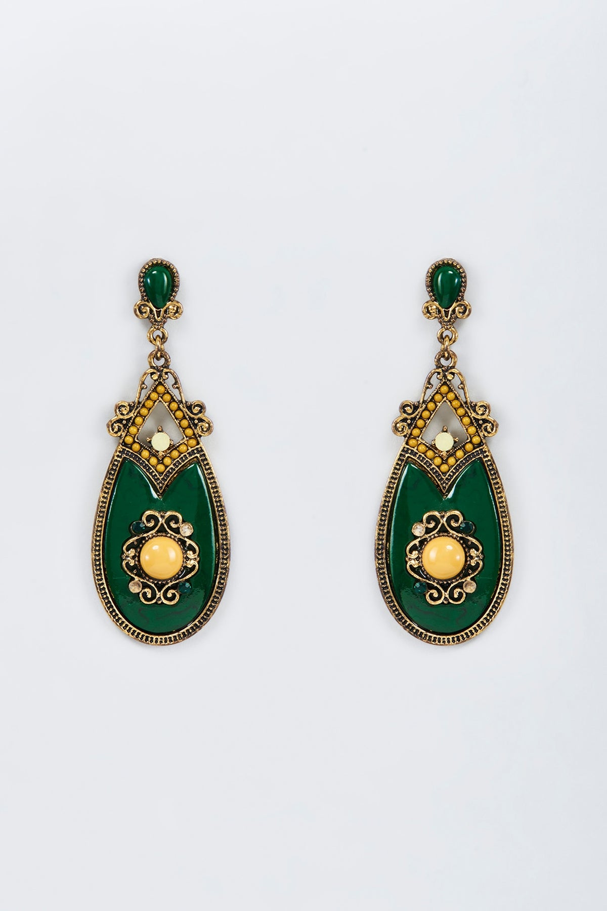 Black Rhodium Finish Green & Yellow Stone Dangler Earrings