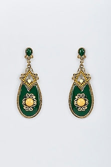 Black Rhodium Finish Green & Yellow Stone Dangler Earrings