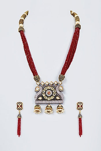 Gold Finish Kundan Polki & Red Synthetic Stone Mala Necklace Set