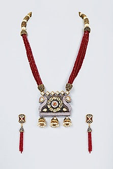 Gold Finish Kundan Polki & Red Synthetic Stone Mala Necklace Set