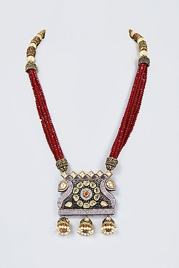 Gold Finish Kundan Polki & Red Synthetic Stone Mala Necklace Set