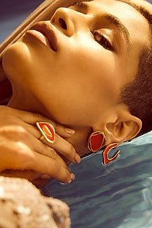 Gold Plated Red Enameled Stud Earrings