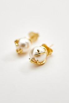 Gold Finish Swarovski Pearl Stud Earrings