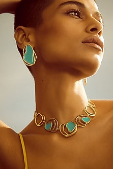 Gold Plated Sky Blue Enameled Stud Earrings