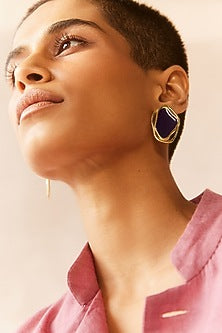 Gold Plated Dark Blue Enameled Stud Earrings