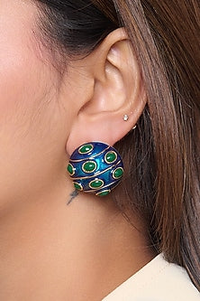 Gold Finish Blue Circle Stud Earrings