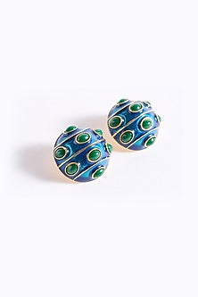 Gold Finish Blue Circle Stud Earrings
