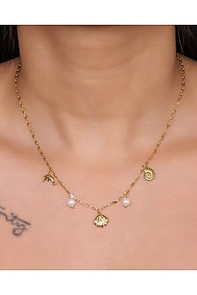 Gold Finish Pearl Dolphin Charm Chain Necklace