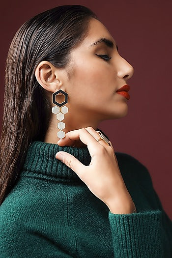 Gold Finish Mother Of Pearl Enamelled Dangler Earrings