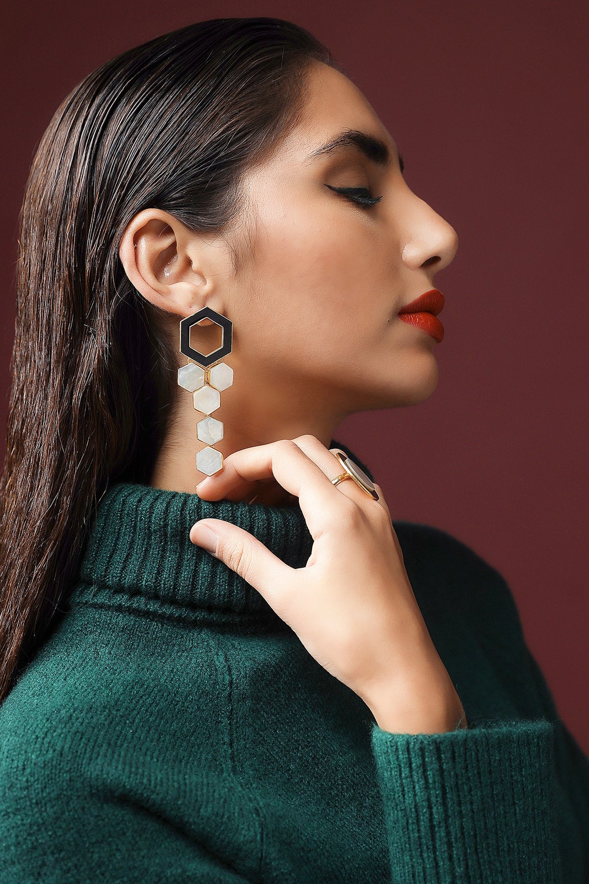 Gold Finish Mother Of Pearl Enamelled Dangler Earrings