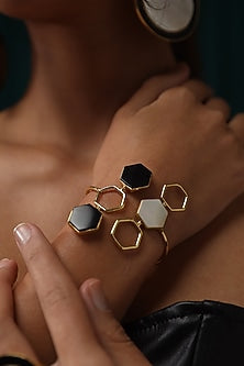 Gold Finish Mother Of Pearl & Black Onyx Cuff Bracelet