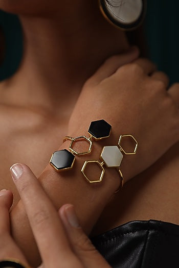 Gold Finish Mother Of Pearl & Black Onyx Cuff Bracelet