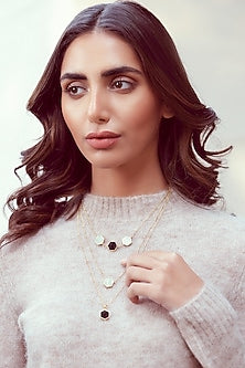 Gold Finish Mother Of Pearl & Black Onyx Long Necklace
