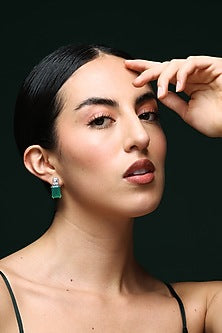 White Finish Baguette Zircon & Green Onyx Handcrafted Stud Earrings