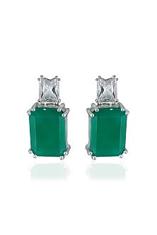 White Finish Baguette Zircon & Green Onyx Handcrafted Stud Earrings